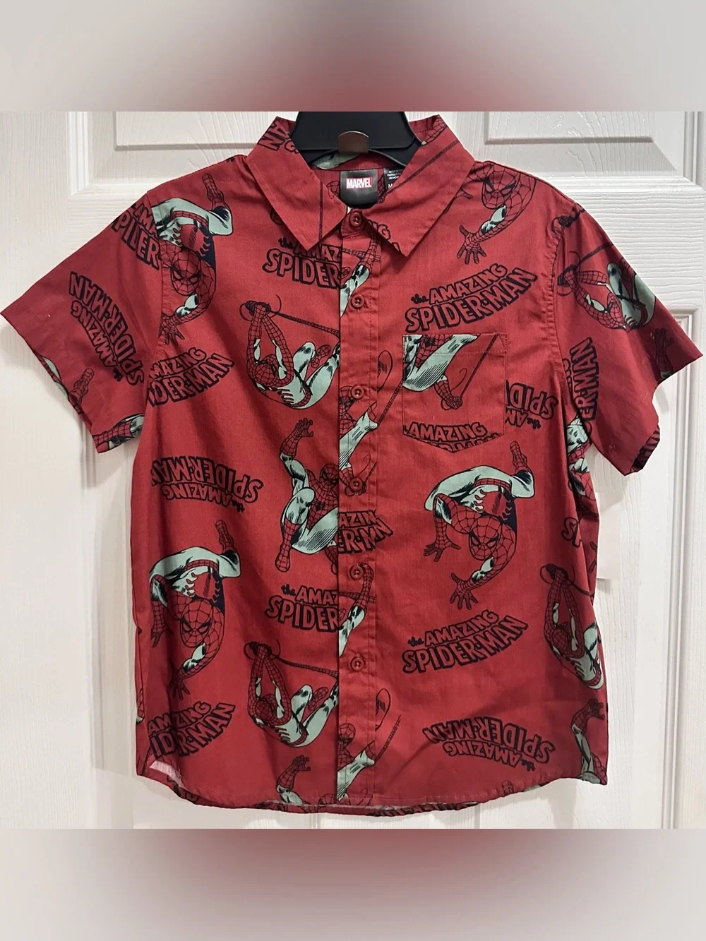Boys' Spiderman Marvel Short Sleeve Button-Up Shirt, Size M-8